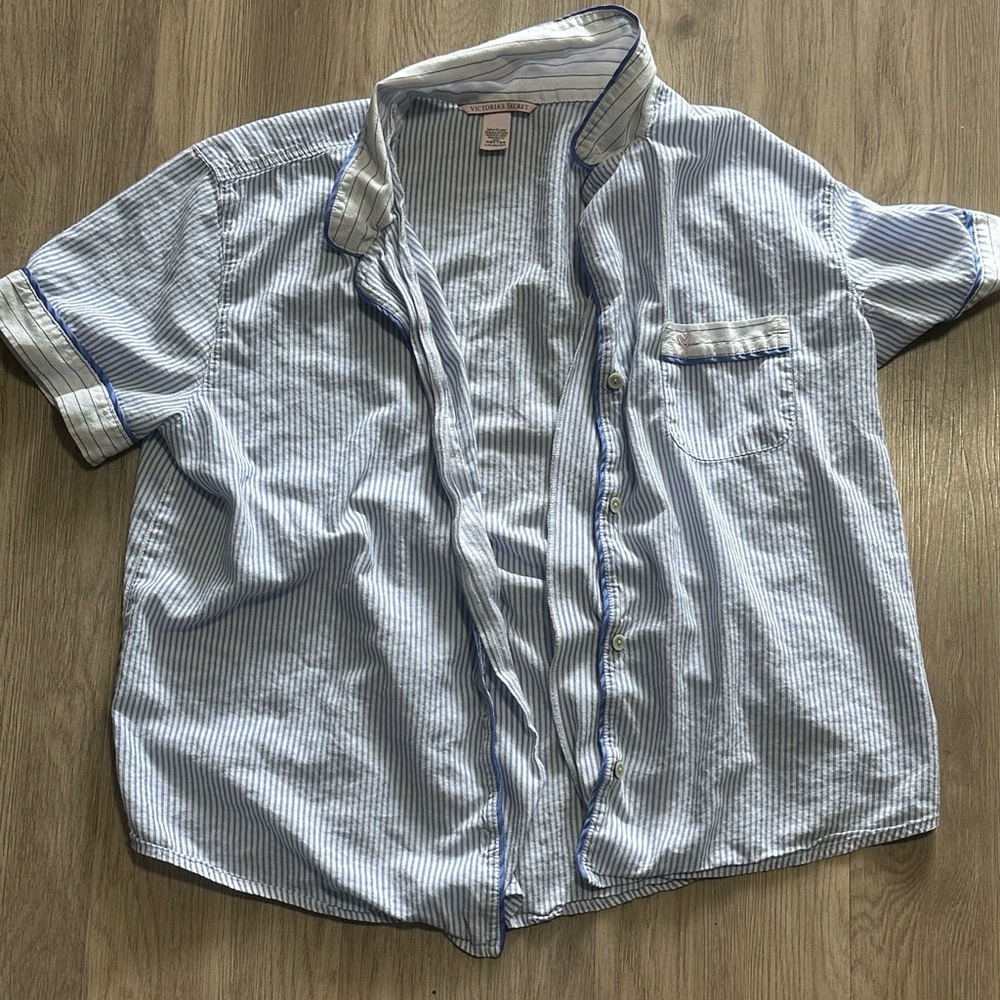 Victoria’s Secret Light Blue & White Striped Button-Down Sleep Shirt.